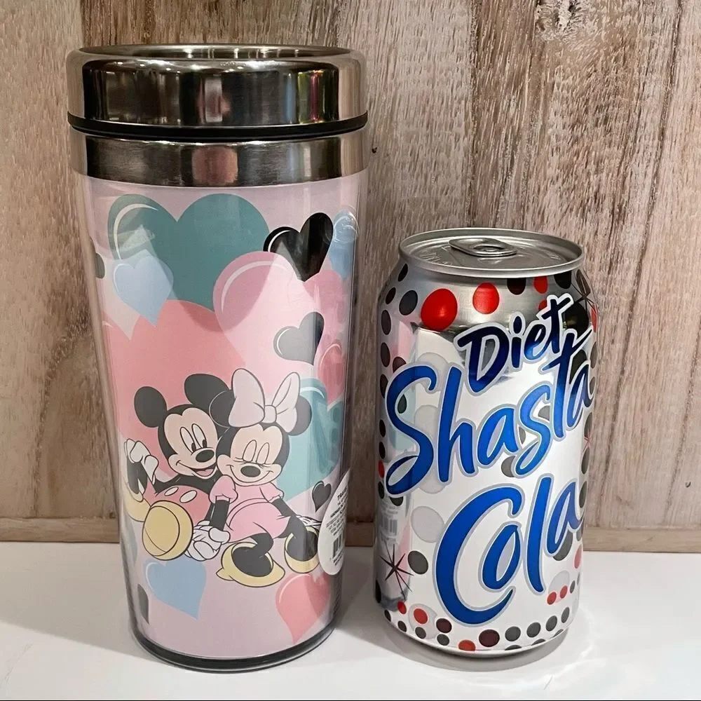 NWT Mickey & Minnie Mouse Silver, black, blue, pink hearts travel Tumbler New